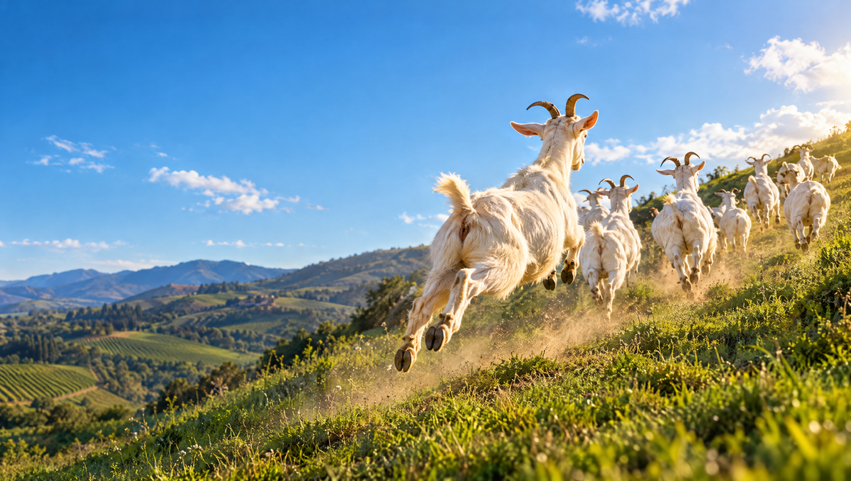 Cabras blancas corriendo cerro arriba en el valle de Colchagua